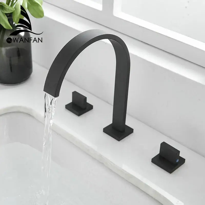 Modern black brass waterfall faucet bathroom double handle tap