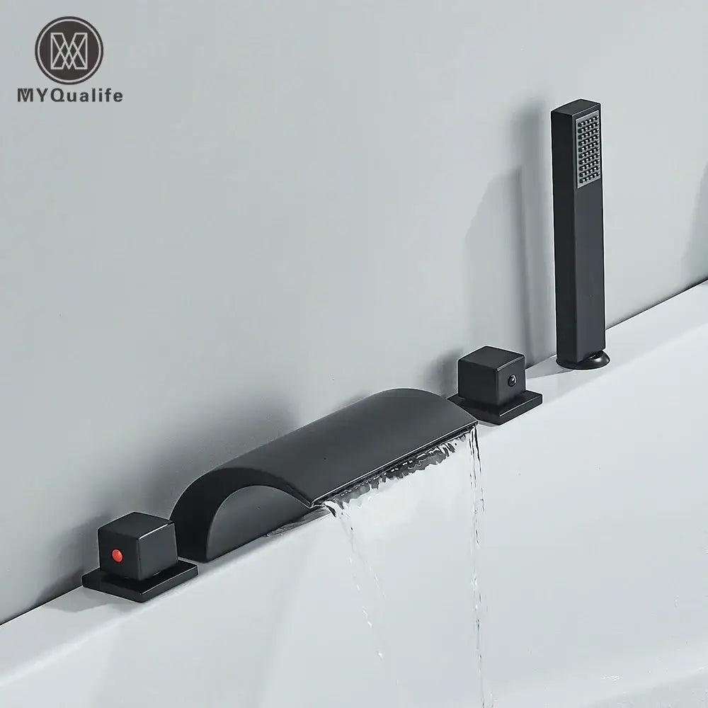 Modern black brass waterfall tub faucet with handheld shower bathroom