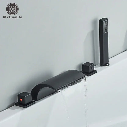 Modern black brass waterfall tub faucet with handheld shower bathroom