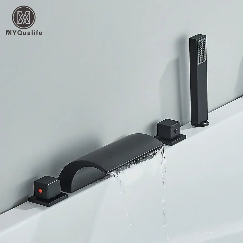 Modern black brass waterfall tub faucet with handheld shower bathroom