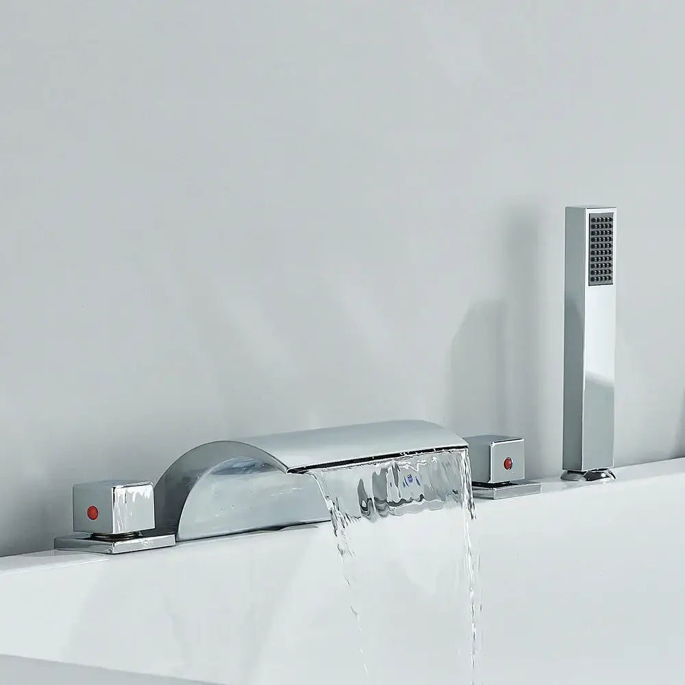 Modern black brass waterfall tub faucet with handheld shower bathroom