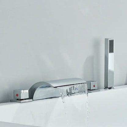 Modern black brass waterfall tub faucet with handheld shower bathroom