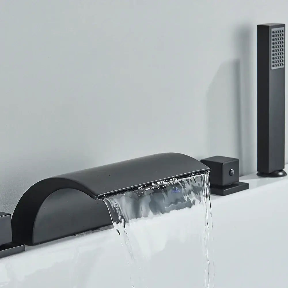 Modern black brass waterfall tub faucet with handheld shower bathroom