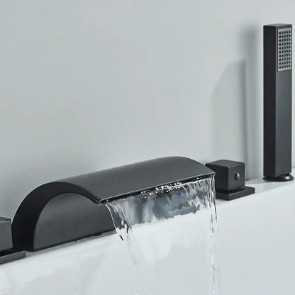 Modern black brass waterfall tub faucet with handheld shower bathroom