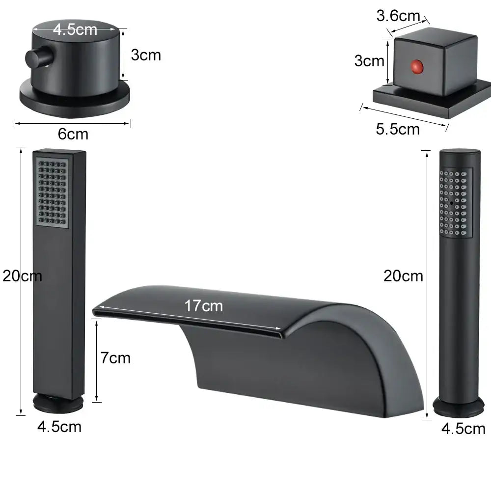 Modern black brass waterfall tub faucet with handheld shower bathroom