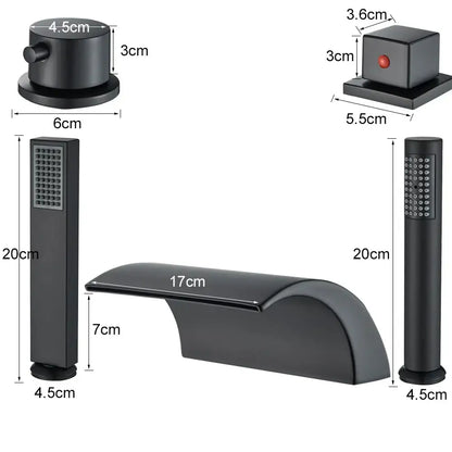 Modern black brass waterfall tub faucet with handheld shower bathroom