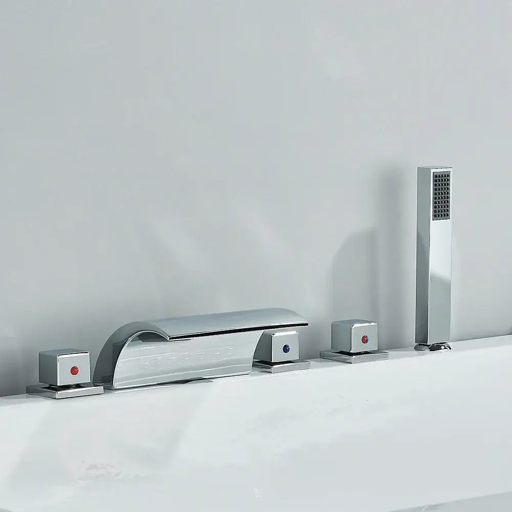 Modern black brass waterfall tub faucet with handheld shower bathroom