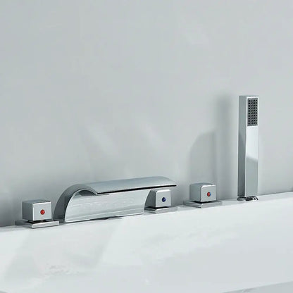 Modern black brass waterfall tub faucet with handheld shower bathroom