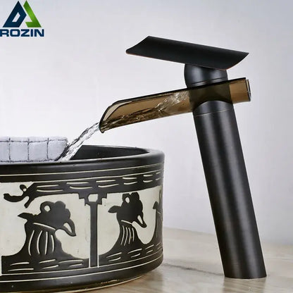 Modern black bronze glass waterfall tap bathroom countertop faucet