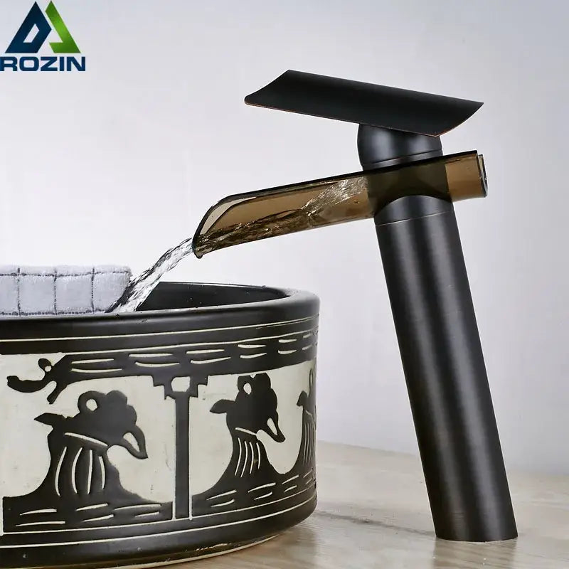 Modern black bronze glass waterfall tap bathroom countertop faucet