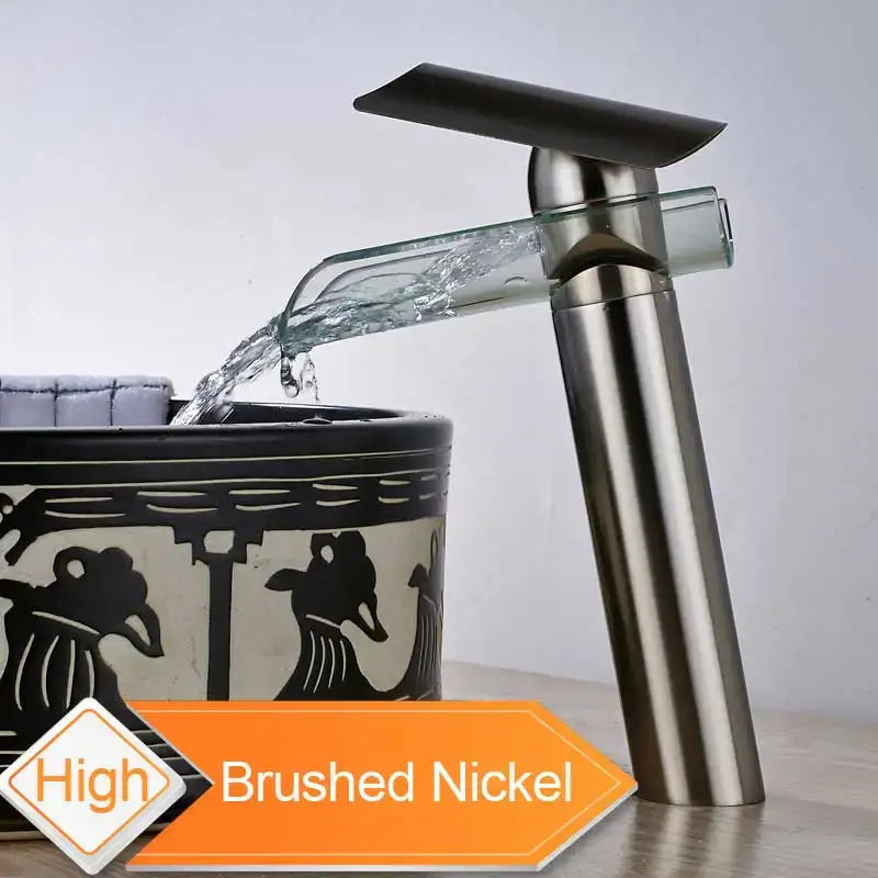 Modern black bronze glass waterfall tap bathroom countertop faucet