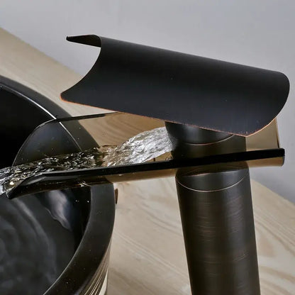 Modern black bronze glass waterfall tap bathroom countertop faucet
