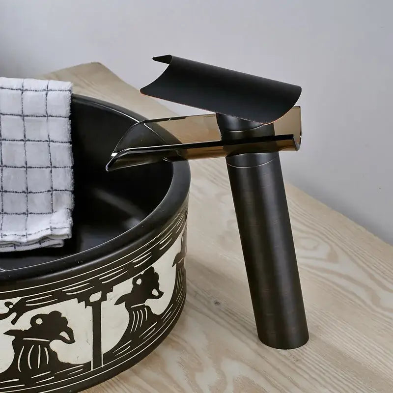Modern black bronze glass waterfall tap bathroom countertop faucet