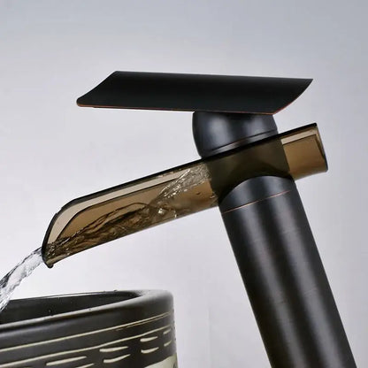 Modern black bronze glass waterfall tap bathroom countertop faucet