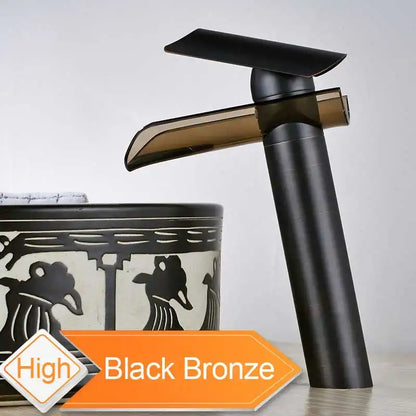 Modern black bronze glass waterfall tap bathroom countertop faucet