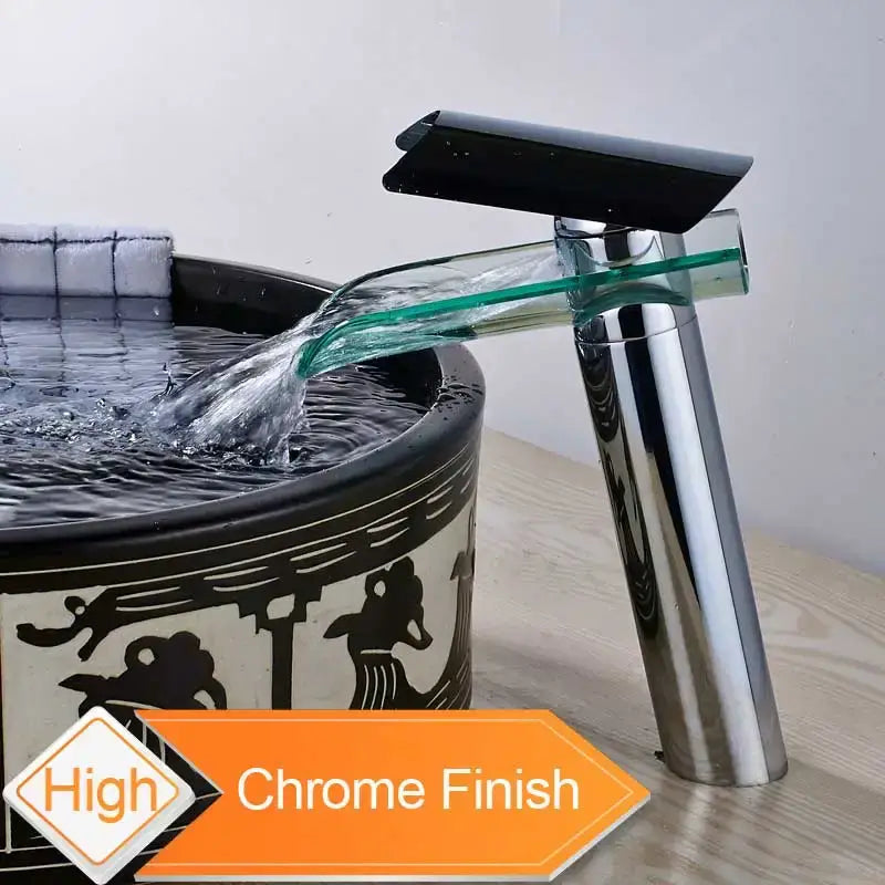 Modern black bronze glass waterfall tap bathroom countertop faucet