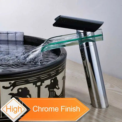 Modern black bronze glass waterfall tap bathroom countertop faucet