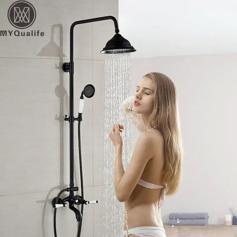 Modern black bronze & white shower faucet set bathroom rainfall column