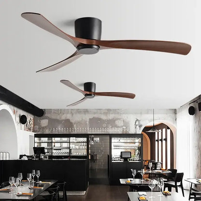 Modern black & brown low profile ceiling fan bedroom with remote