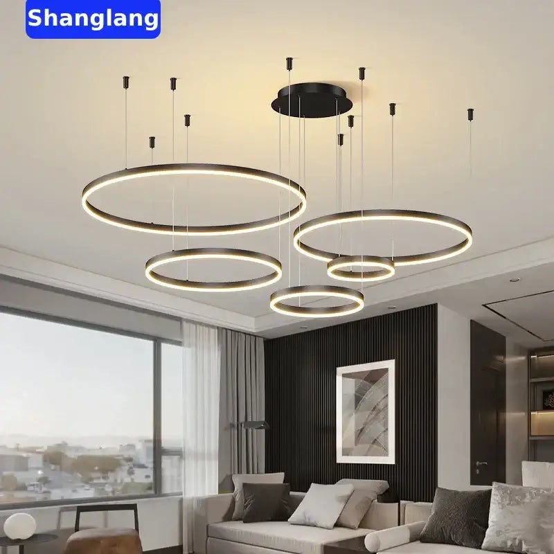 Modern black brushed rings led chandelier for living room