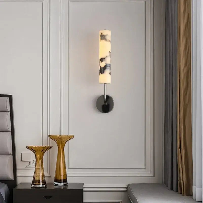 Modern black carbon steel led wall lamp with alabaster bedroom shade