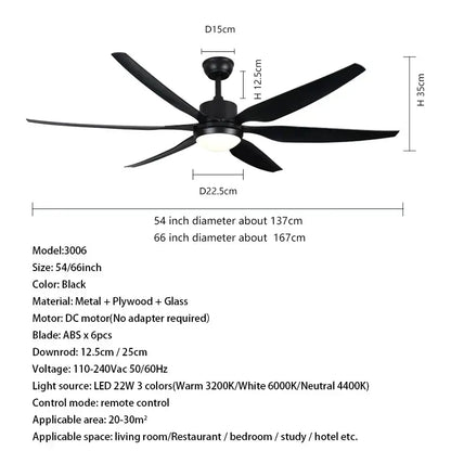 Modern black ceiling fan with led light and remote control living room