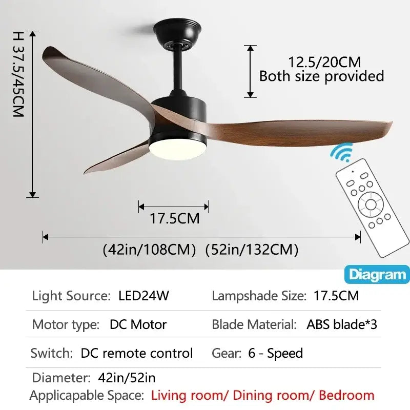 Modern black ceiling fan with remote control for living room
