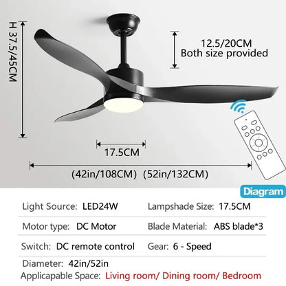 Modern black ceiling fan with remote control for living room