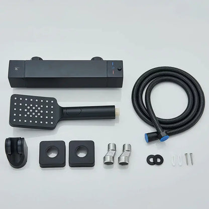 Modern black & chrome thermostatic shower set bathroom rain head