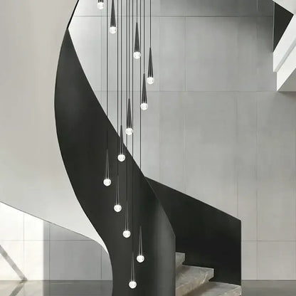 Modern black conical crystal led chandelier staircase light