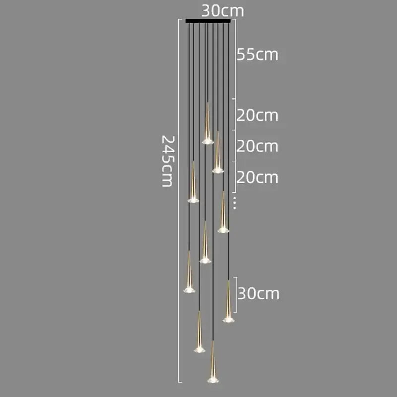 Modern black conical crystal led chandelier staircase light