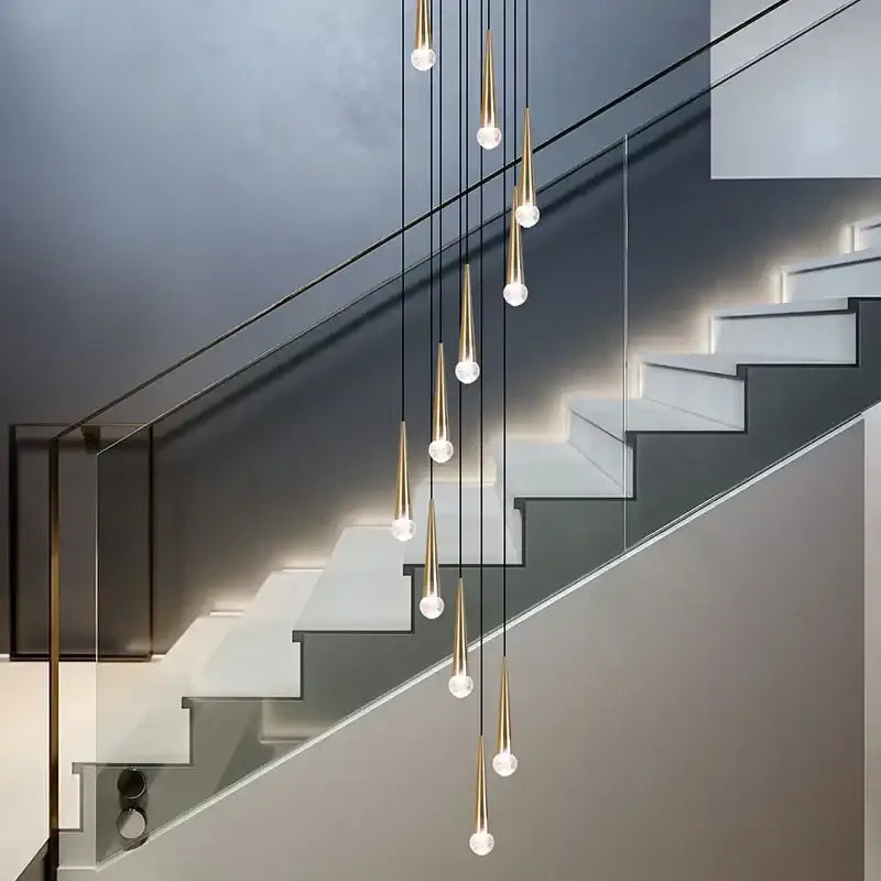 Modern black conical crystal led chandelier staircase light
