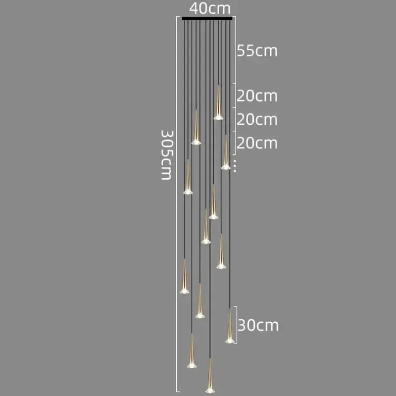 Modern black conical crystal led chandelier staircase light