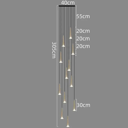 Modern black conical crystal led chandelier staircase light