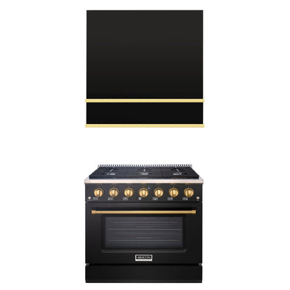 Akicon 36" Stainless Steel Range Hood with 600 CFM Insert & 6-Burner Gas Range Combo – Powerful Ventilation, Convection Oven, Multiple Finishes