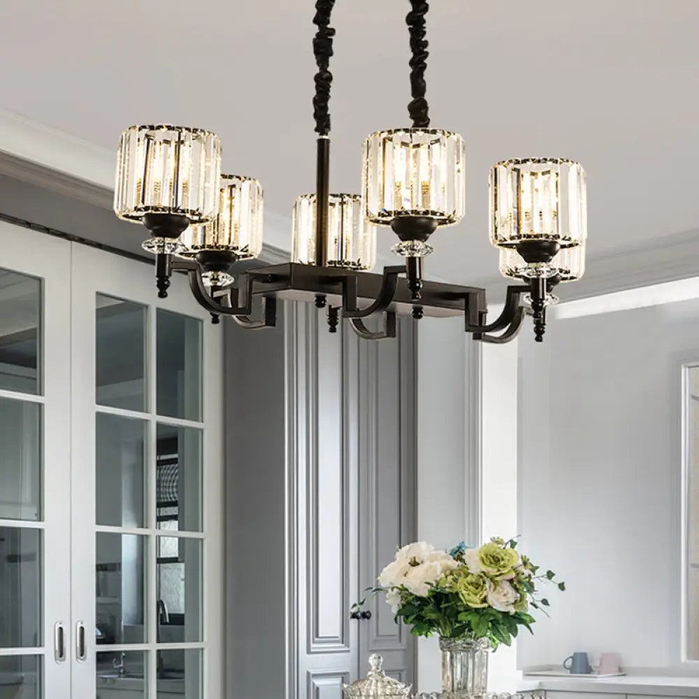 DecorBites™ Modern Black Crystal 6-Head Cylinder Dining Room Island Ceiling Suspension Lamp