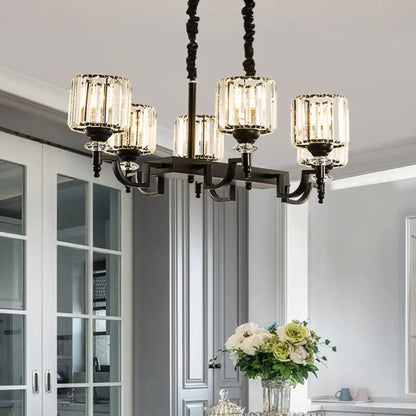 DecorBites™ Modern Black Crystal 6-Head Cylinder Dining Room Island Ceiling Suspension Lamp