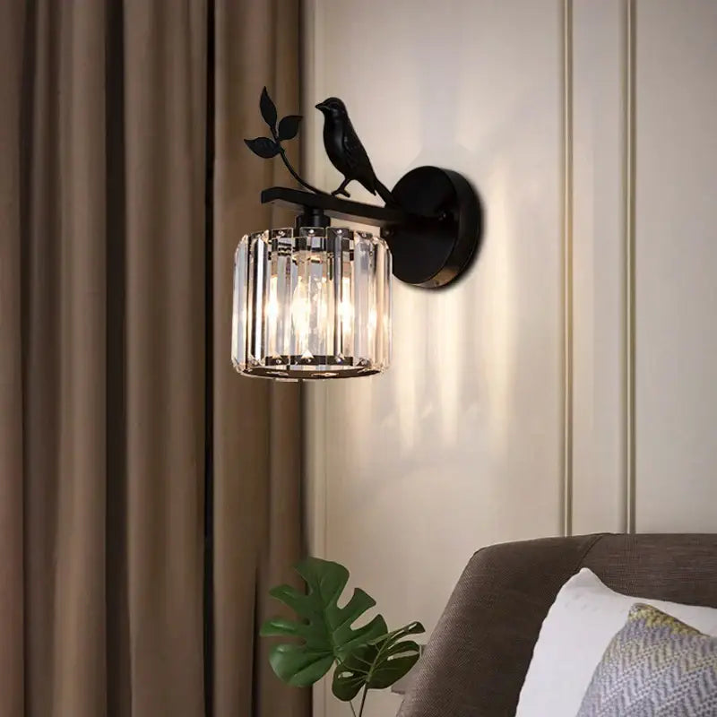 Modern black crystal bird wall lamp bedroom sconce