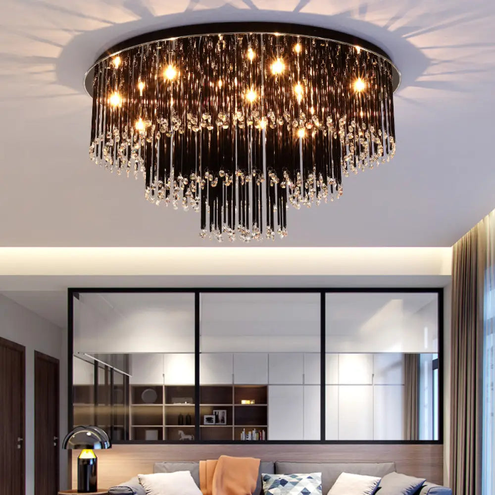 DecorBites™ Modern Black Crystal Flush Mount Chandelier, Tiered Design, 8/10 Bulbs, for Bedroom