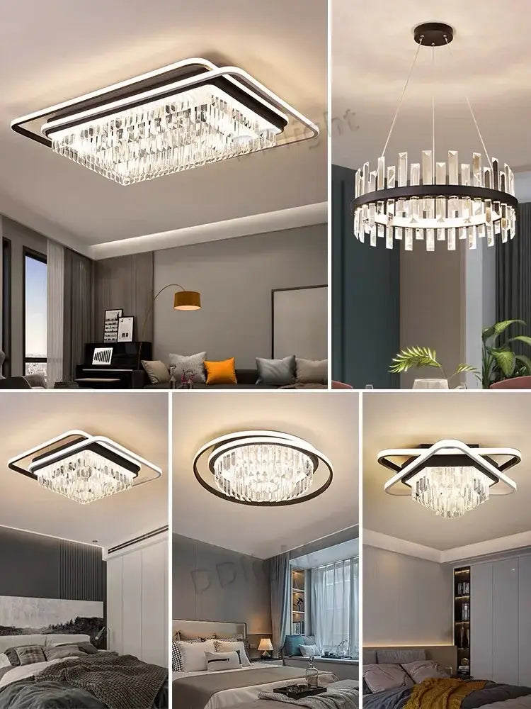 Modern black crystal industrial pendant chandelier set living room