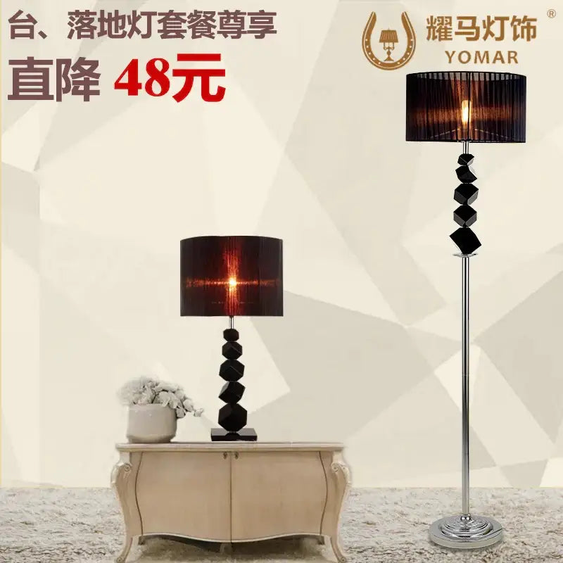 Modern black crystal table lamp bedroom pleated shade light