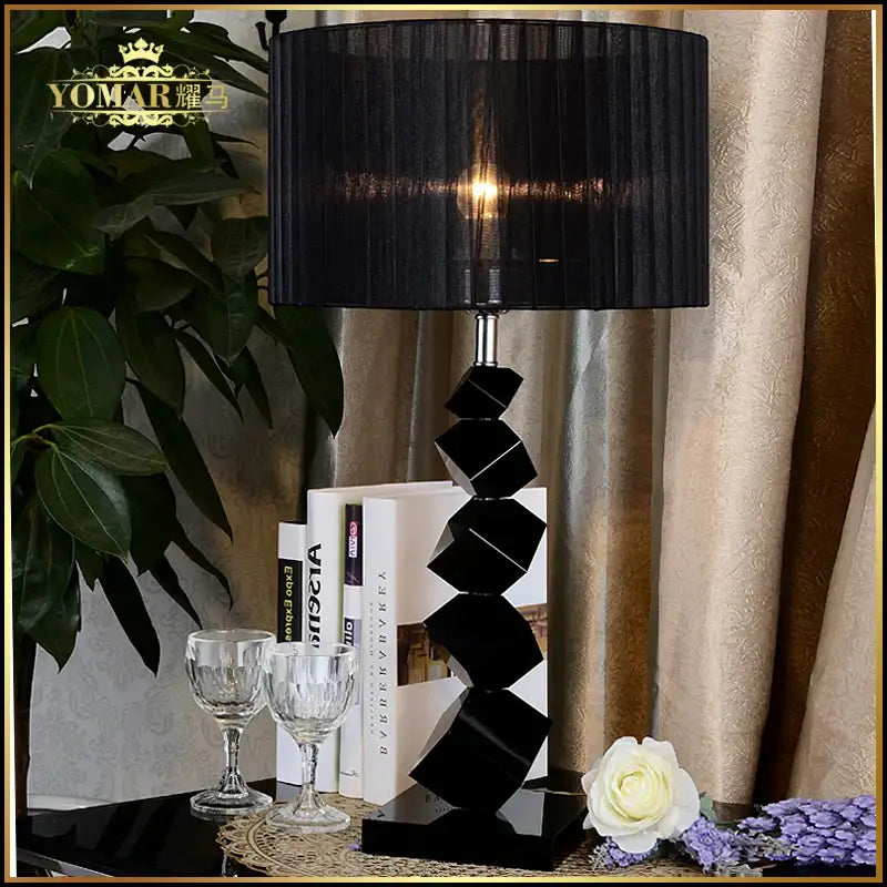 Modern black crystal table lamp bedroom pleated shade light