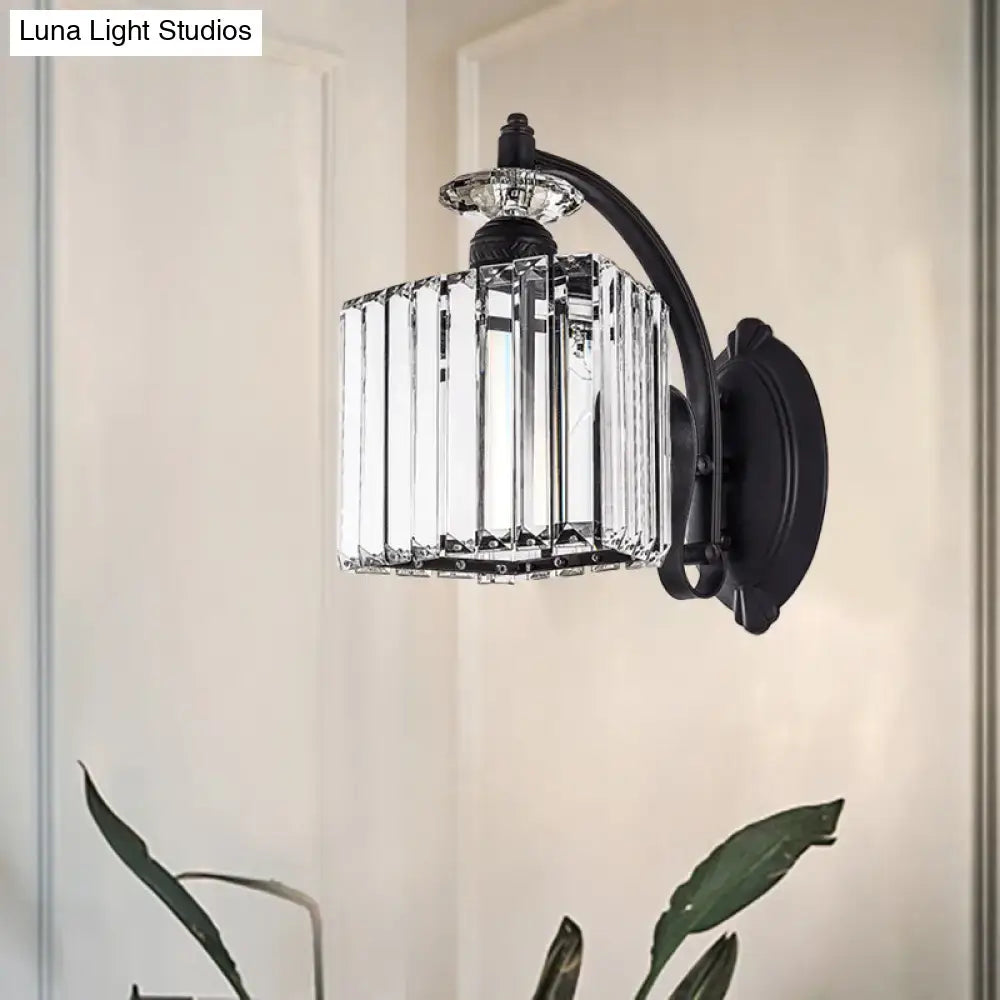 Modern black crystal wall light with curved arm for living room