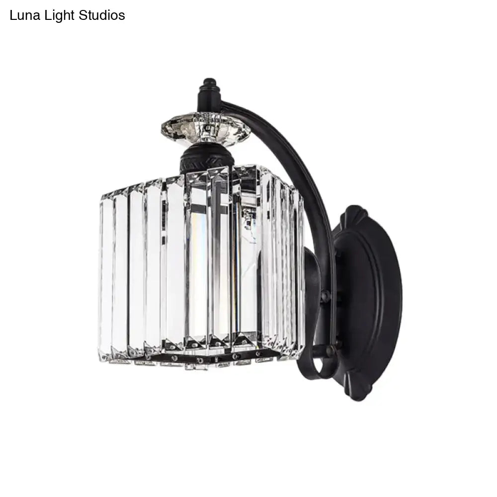 Modern black crystal wall light with curved arm for living room
