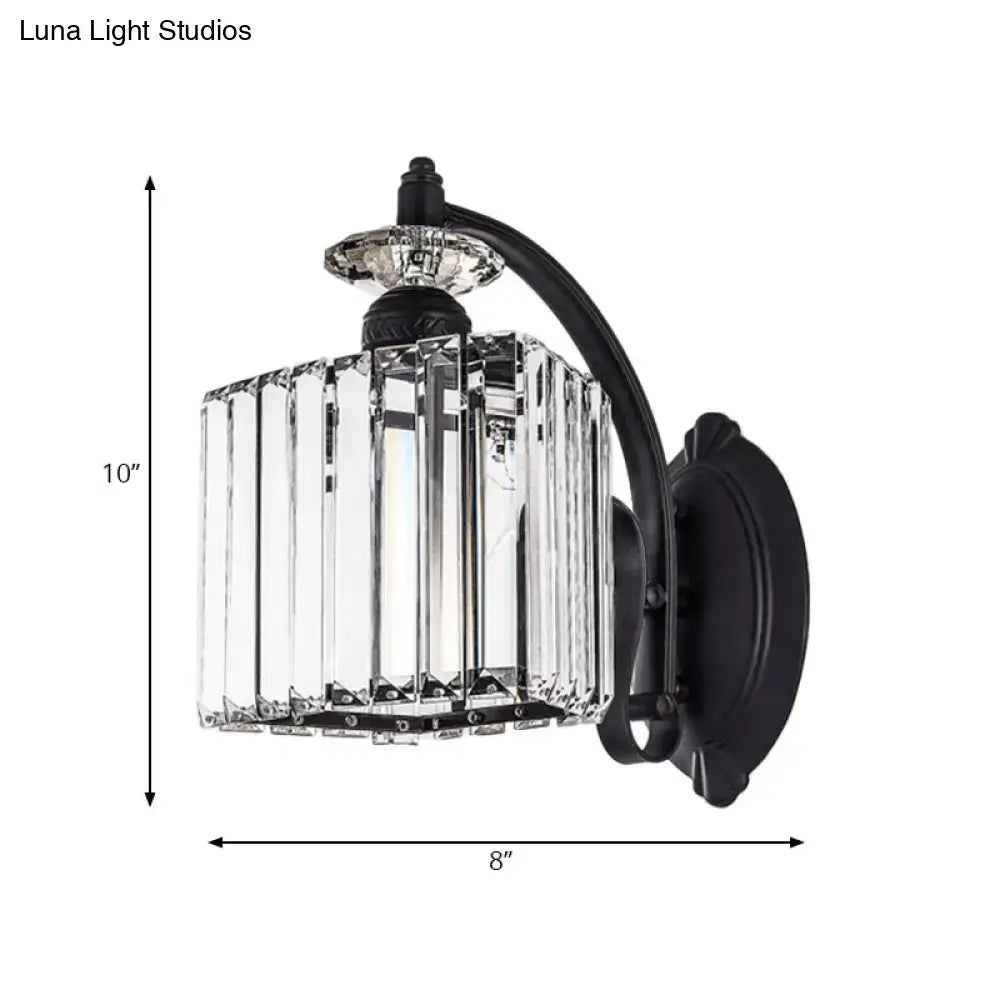 Modern black crystal wall light with curved arm for living room