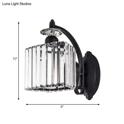Modern black crystal wall light with curved arm for living room