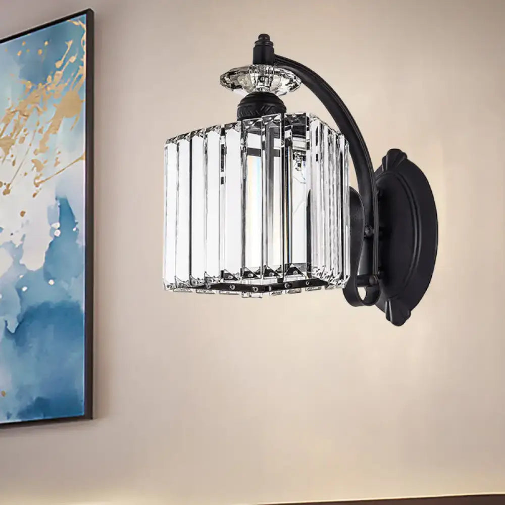Modern black crystal wall light with curved arm for living room