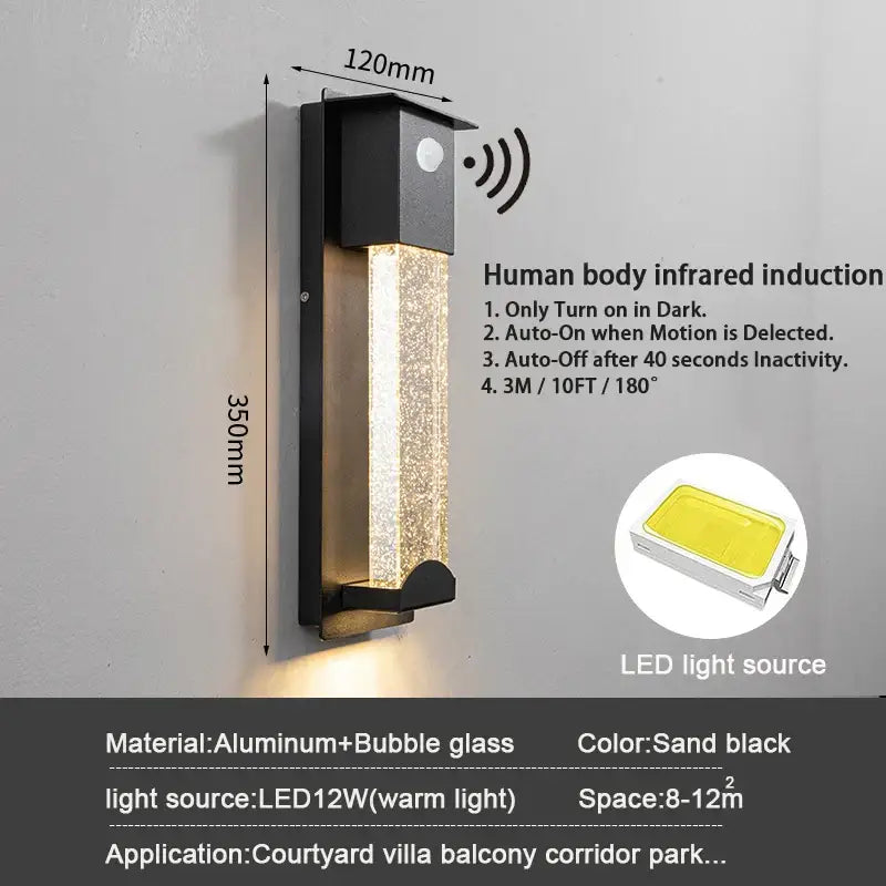 Modern black crystal wall light with pir motion sensor for outdoor