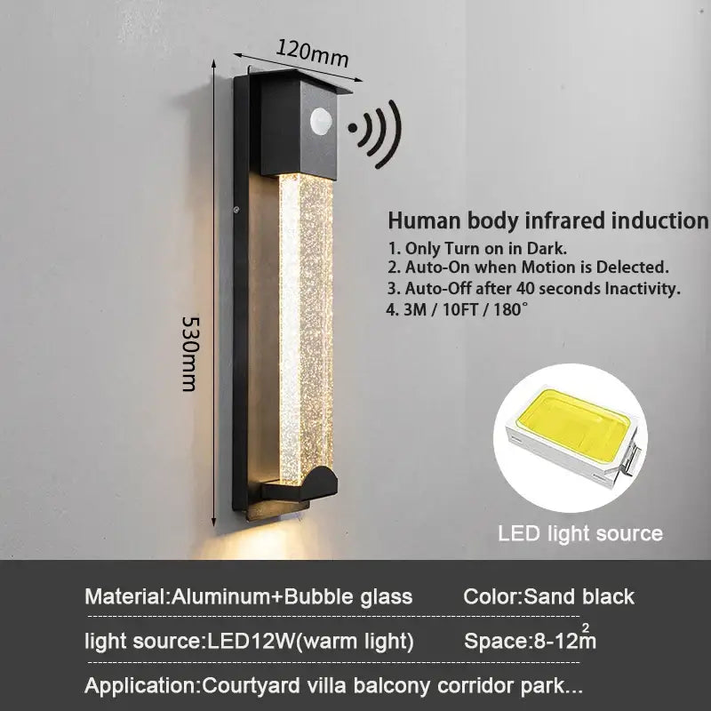 Modern black crystal wall light with pir motion sensor for outdoor