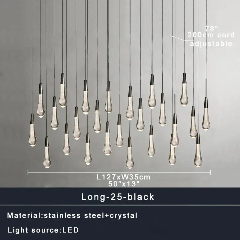 Modern black crystal water-drop chandelier light fixture stairwell